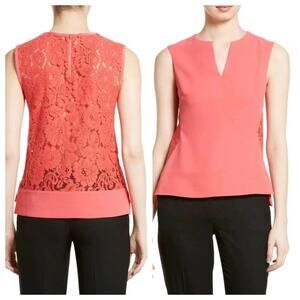 Ted Baker Floral Lace Back Sleeveless Blouse V Neck Back Zip Career Red Small